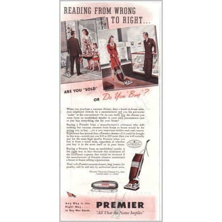 1945 Premier Upright Vacuum Cleaner Color Print Ad