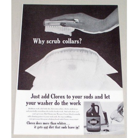 1961 Clorox Bleach Brown Jug Vintage Print Ad - Why Scrub Collars?