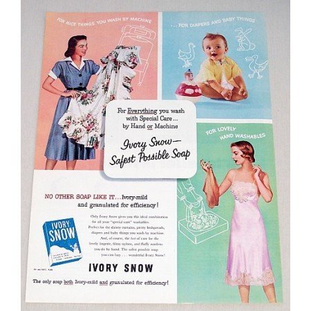 1953 Ivory Snow Detergent Color Print Ad - Safest Soap