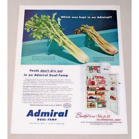 1953 Admiral Dual-Temp No Defrost Refrigerator Color Print Ad