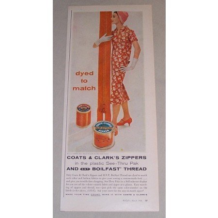1958 Coats Clark's Crown Zipper Color Print Ad