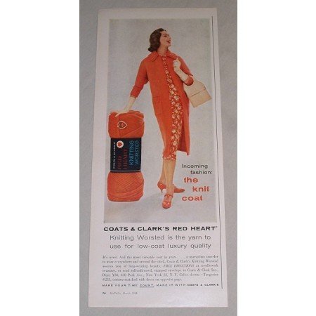 1958 Coats Clark's Red Heart Knitting Yarn Color Print Ad