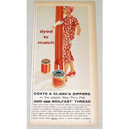 1958 Coats Clark's Zippers Vintage Print Color Ad - Dyed To Match