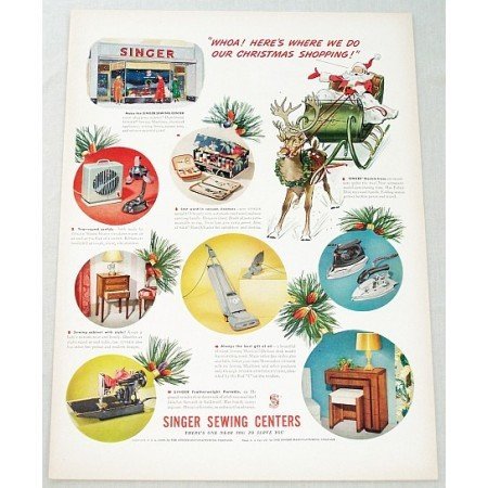 1948 Singer Sewing Centers Color Santa Christmas Art Print Ad - Christmas Shopping