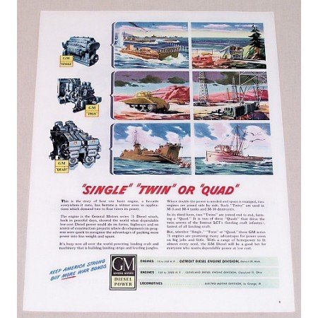 1945 GM Diesel Color Wartime Art Color Print Ad SINGLE TWIN OR QUAD