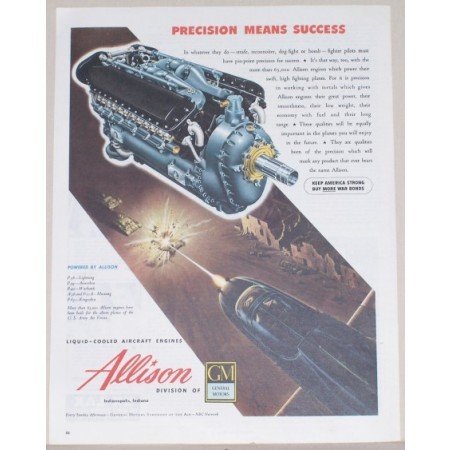 1945 Allison Liquid Cooled Aircraft Engines Color Print Ad