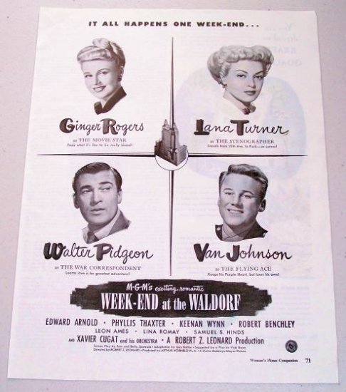 1945 Vintage Movie Ad WEEK-END AT THE WALDORF Celebrity Ginger Rogers Lana Turner