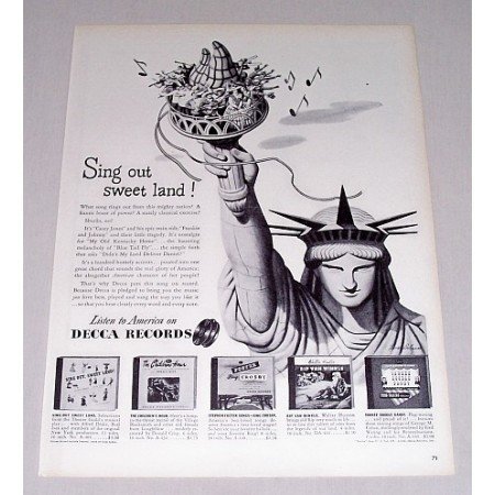1946 Decca Records Vintage Print Ad - Sing Out Sweet Land Statue of Liberty