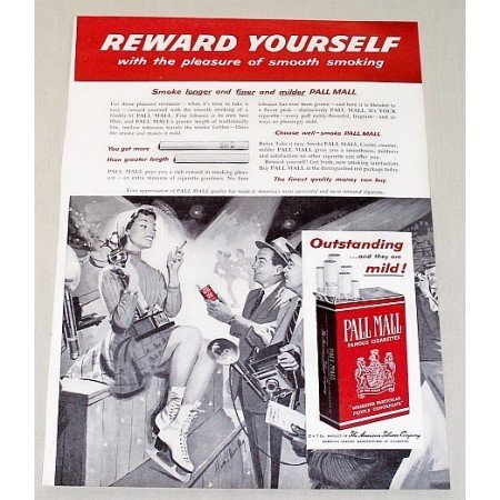 1954 Pall Mall Cigarettes Ice Skating Art Vintage Print Ad