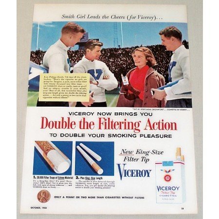 1954 Viceroy Cigarettes Color Tobacco Print Ad - Girl Leads The Cheer