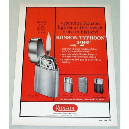 1961 Ronson Typhoon Cigarette Lighter Color Print Ad
