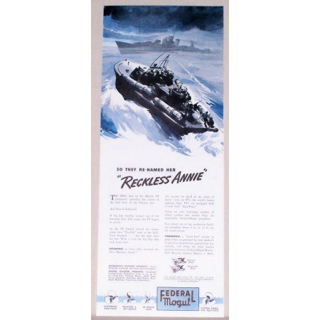 1945 Federal Mogul Wartime Color Print Ad PT FIGHT SHIP RECKLESS ANNIE