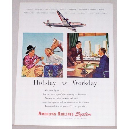 1946 American Airlines Color Print Ad - Holiday or Workday