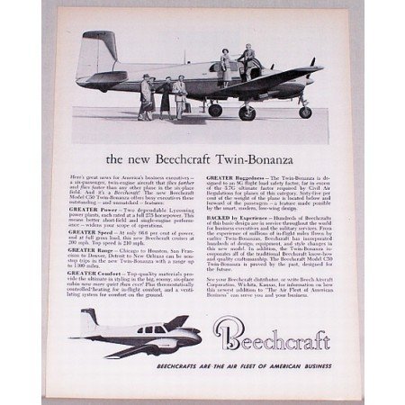 1954 Beechcraft Model C50 Twin Bonanza Aircraft Vintage Print Ad