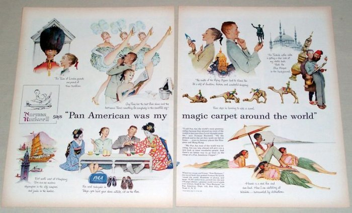 1956 Pan American Airlines Norman Rockwell Color Art 2 Page Print Ad