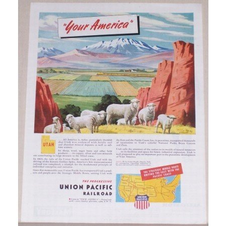 1945 Union Pacific Railroad Sheep Animal Color Print Scenic Art Ad - Your America
