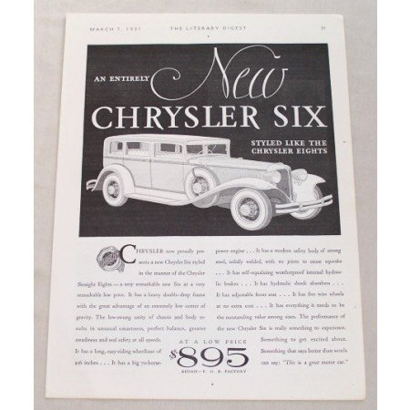 1931 Chrysler Six 4DR Sedan Automobile Vintage Print Car Ad