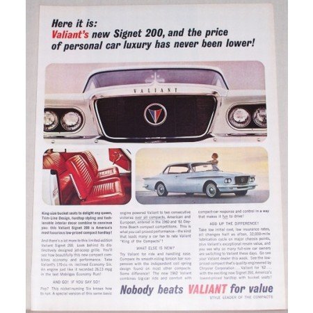 1961 Valiant Signet 200 Automobile Color Print Car Ad