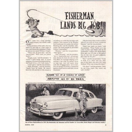 1951 Nash Airflyte Automobile Series #25 Ed Zern Vintage Print Car Ad