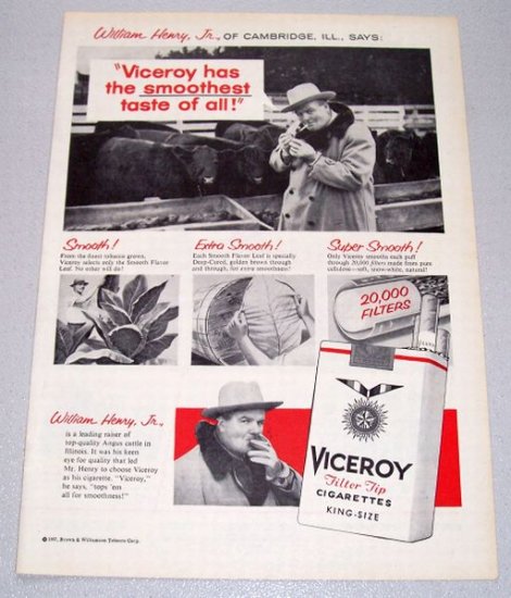 1957 VICEROY Cigarettes Tobacco Print Ad Cambridge Ill William Henry Jr