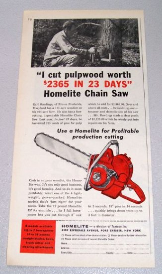 1956 Homelite Ez Chain Saw Print Ad Earl Rawlings Prince