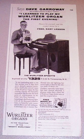 1954 Print Ad Wurlitzer Spinette Organ NBC Today Show Celebrity Dave Garroway