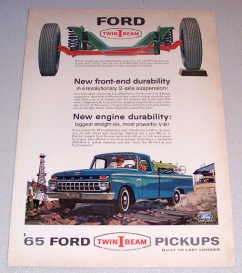 1965 Blue Ford Twin I Beam Pickup Truck Color Print Ad
