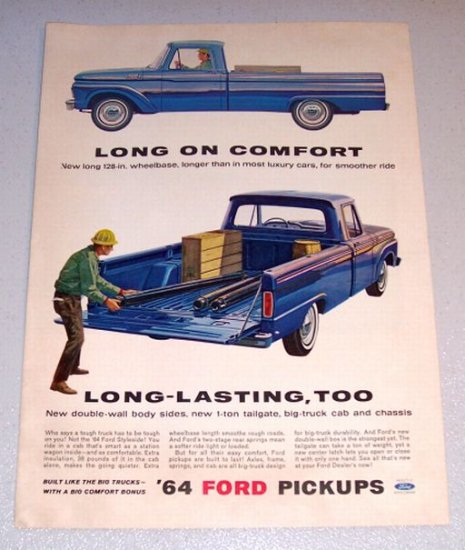 1964 Blue Ford 100 Styleside Custom Cab Pickup Truck Color Print Ad