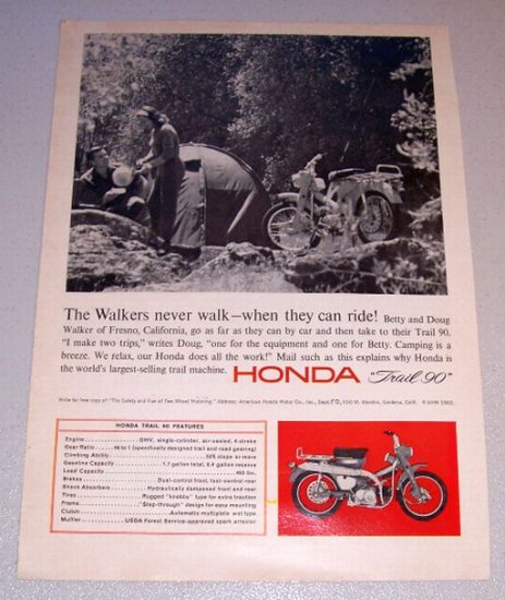 1965 Print Ad Honda Trail 90 Motorcycle Betty Doug Walker Fresno California