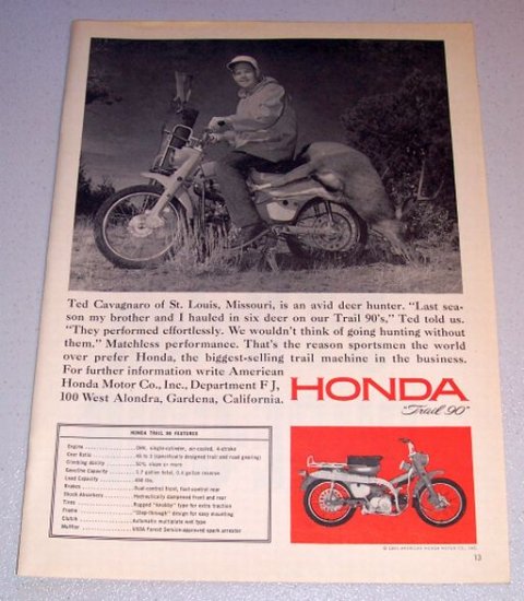 1965 Print Ad Honda Trail 90 Motorcycle Ted Cavagnaro St Louis Missouri