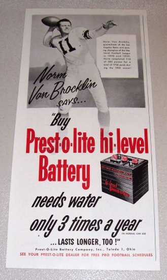 1953 Print Ad Prest-o-lite Battery Celebrity NFL Rams Quarterback Norm Van Brocklin