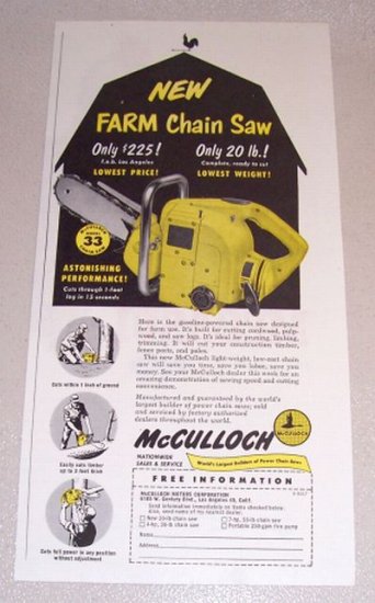 1953 Print Ad McCulloch Model 33 Farm Chain Saw
