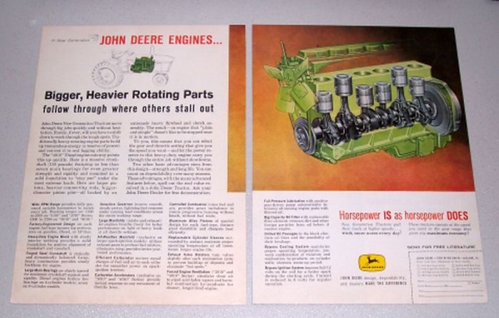 1961 John Deere Tractor Engine 2 Page Color Print Ad