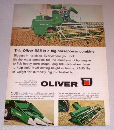 1965 Oliver 525 Self Propelled Combine Farm Equipment Color Print Ad