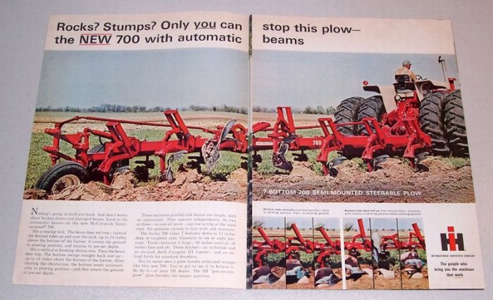 1966 International Harvester 7 Bottom 700 Semi-Mounted Steerable Plow 2 Page Color Print Ad