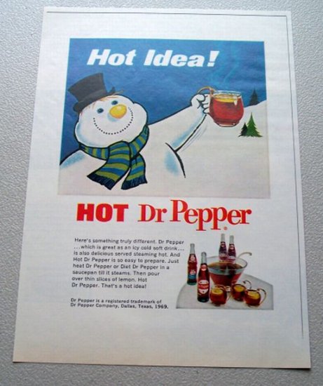 1969 Dr Pepper Cola Snowman Art Color Print Soda Ad