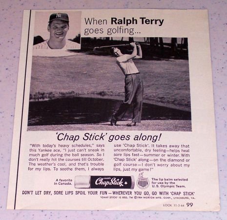 1964 Chap Stick Lip Balm Ad New York Yankees Baseball Ralph Terry