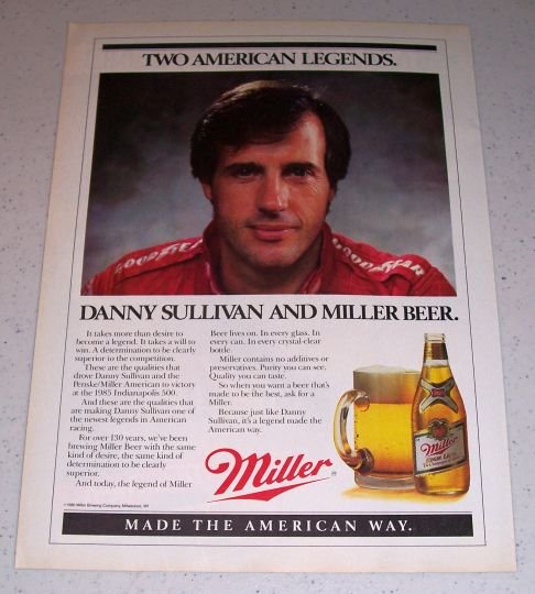 1986 Miller Beer Color Brewery Ad Indy Racing Celebrity Danny Sullivan