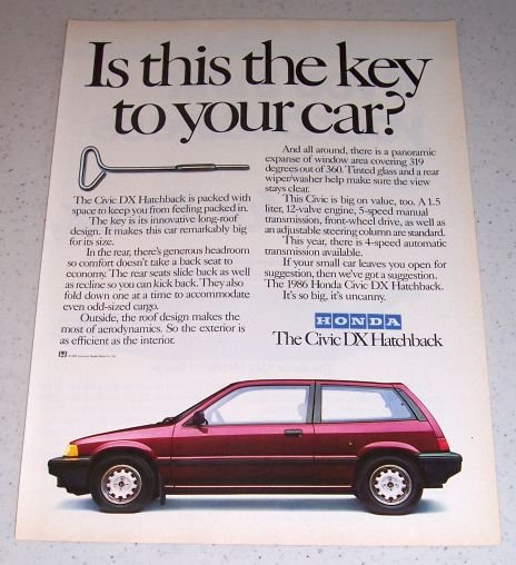 1986 Honda Civic DX Hatchback Automobile Color Car Ad