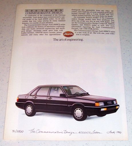 1986 Commemorative Design Audi 4000CS Automobile Color Car Ad