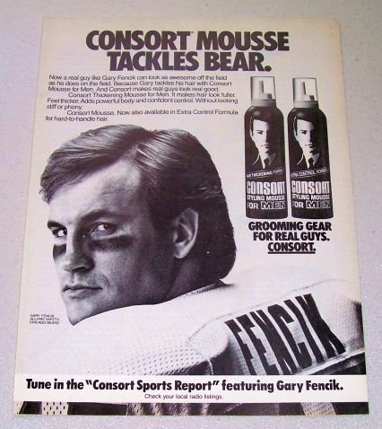1986 Consort Styling Mousse Print Ad NFL Chicago Bears Gary Fencik