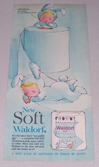 1961 Waldorf Aqua Bath Tissue Bunny Art Color Print Ad