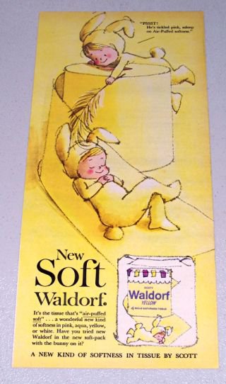 1961 Waldorf Yellow Bath Tissue Bunny Art Color Print Ad