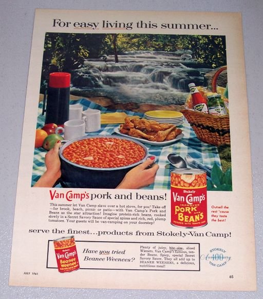 1961 Stokely Van Camp Pork Beans Woods Water Themed Color Print Ad