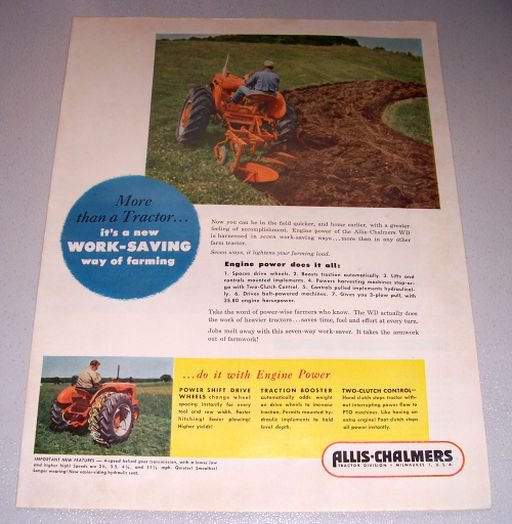 1952 Allis Chalmers WD Farm Tractor Color Print Ad