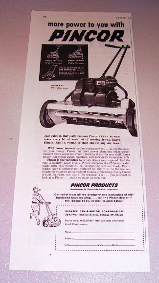1952 Pincor P-22 Rotary Grass Cutter Lawn Mower Print Ad