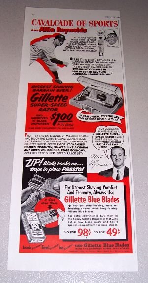 1952 Gillette Super Speed Razor MLB New York Yankees Allie Reynolds Print Ad