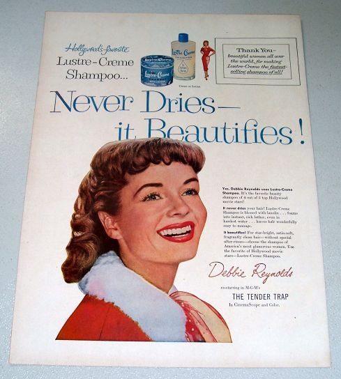 1955 Lustre Creme Shampoo Celebrity Debbie Reynolds Color Print Ad 8831