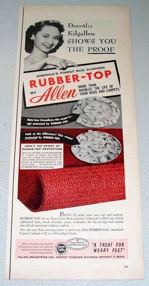 1955 Allen Rubber Top Rug Cushion Color Print Ad Celebrity Dorothy Kilgallen