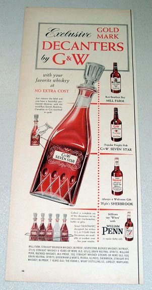 1955 GW Seven Star Gold Mark Whiskey Decanter Color Print Ad